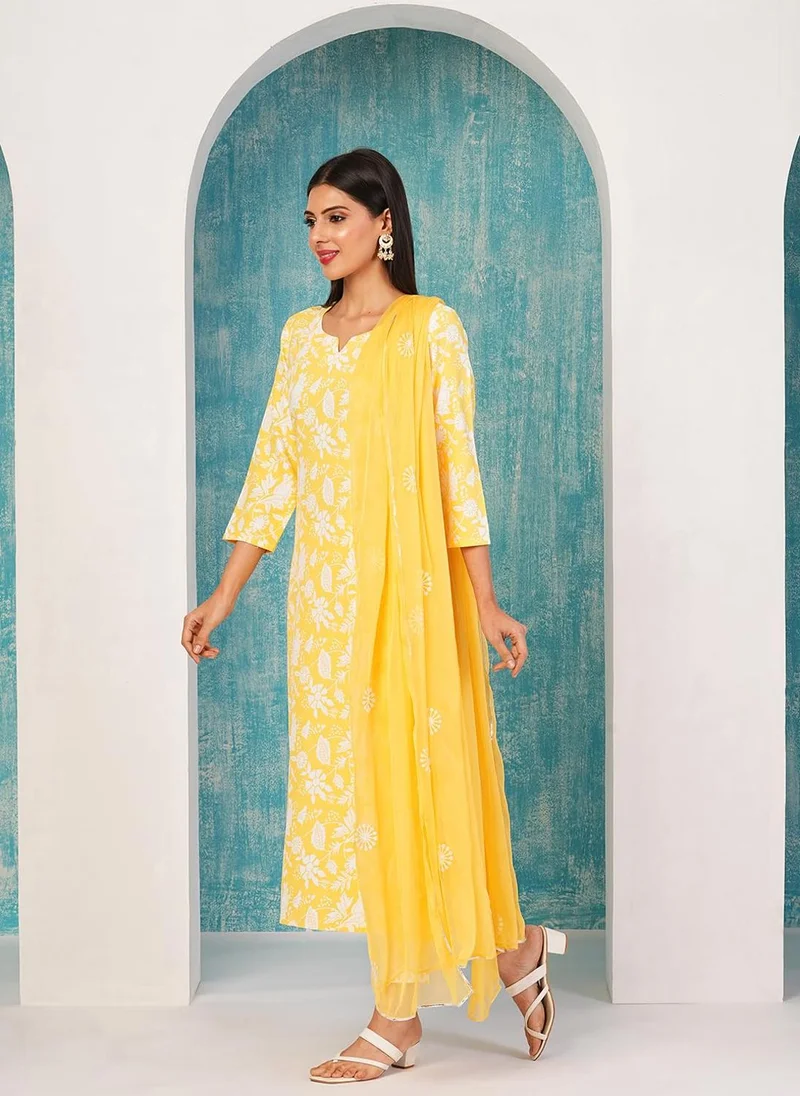 GoSriKi  GoSriKi Women's Cotton Blend Straight Printed Kurta with Pant & Dupatta (MEI YELLOW-ND-GS_L_Yellow_Large) for Women | Best Price UAE